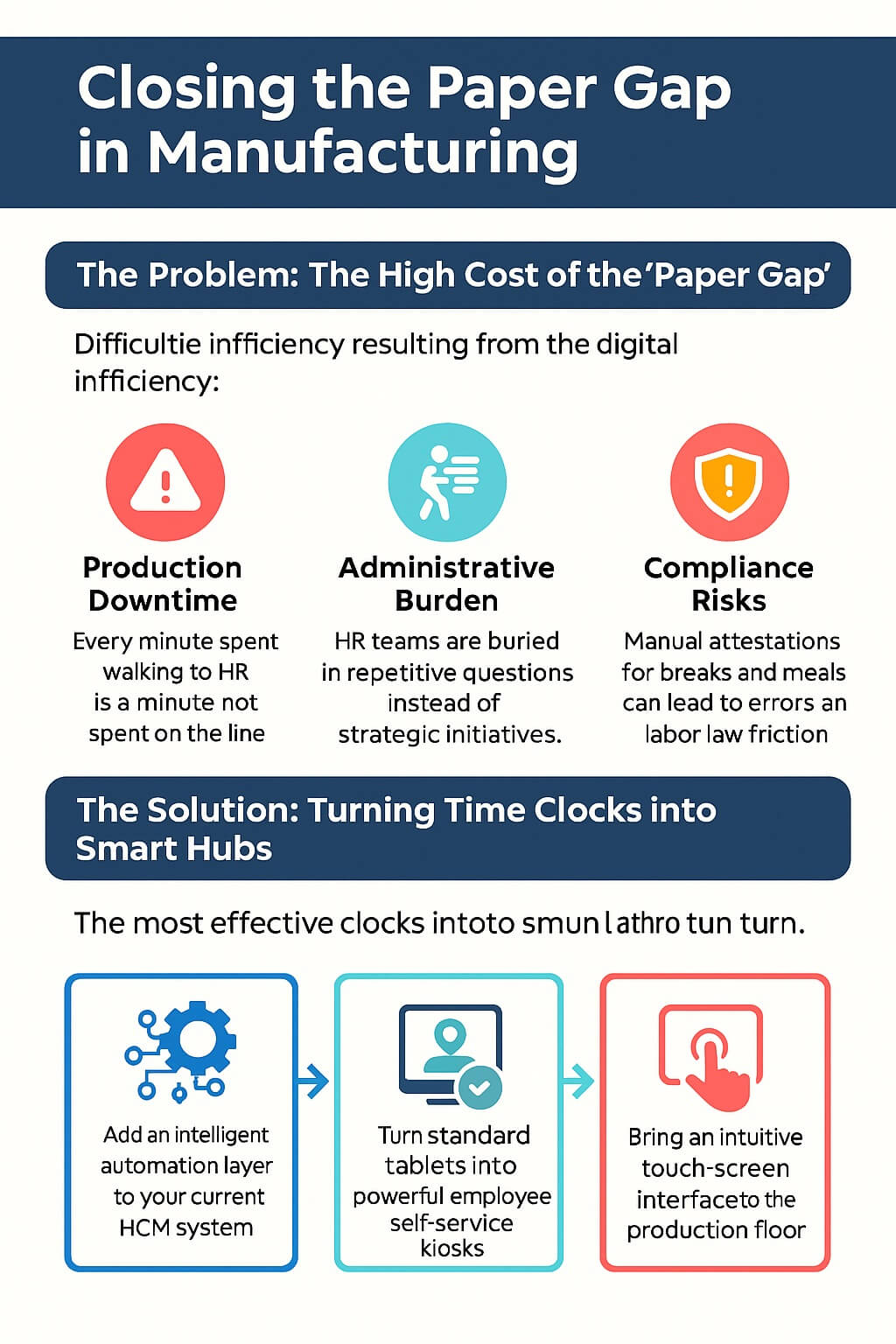 Infographic explaining the Paper Gap in manufacturing, showing production downtime, administrative burden, compliance risks, and how smart time clock hubs solve these issues.