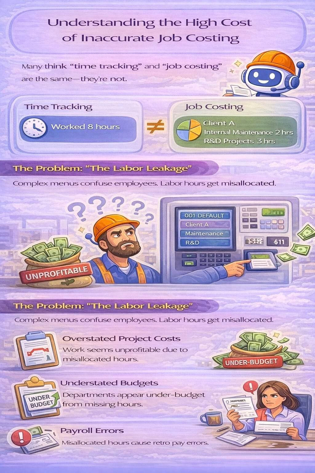 Simple infographic explaining the high cost of inaccurate job costing, showing the difference between time tracking and job costing and how labor leakage leads to overstated project costs, understated budgets, and payroll errors.