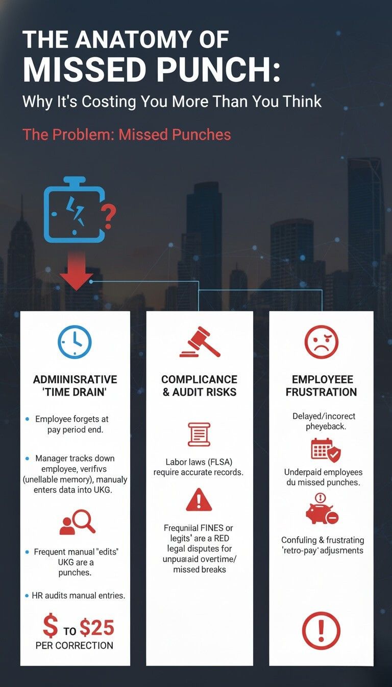 Infographic explaining the hidden costs of missed employee punches, highlighting administrative time drain, compliance risks, and employee frustration.