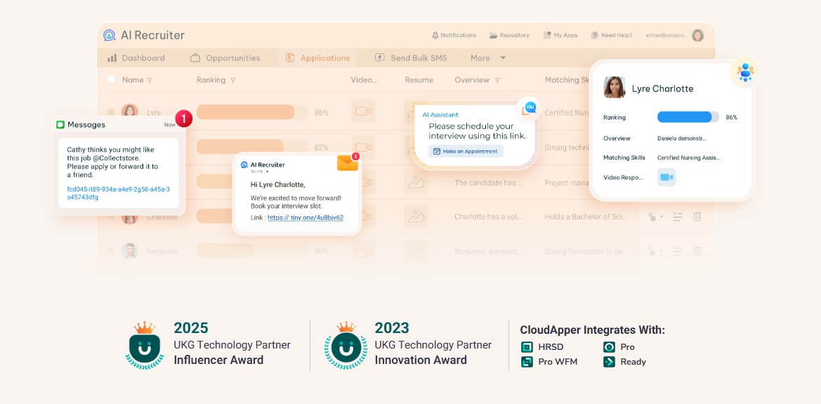 Illustration showing AI automation customizing UKG recruiting workflows, including candidate screening, scheduling, and engagement.