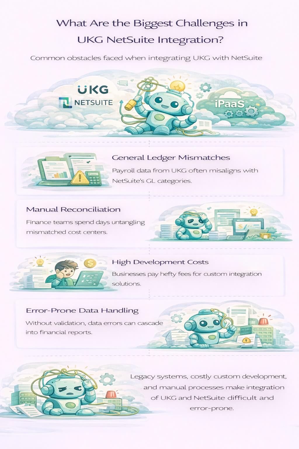 Infographic showing the biggest challenges in UKG NetSuite integration including general ledger mismatches, manual reconciliation, high development costs, and data errors
