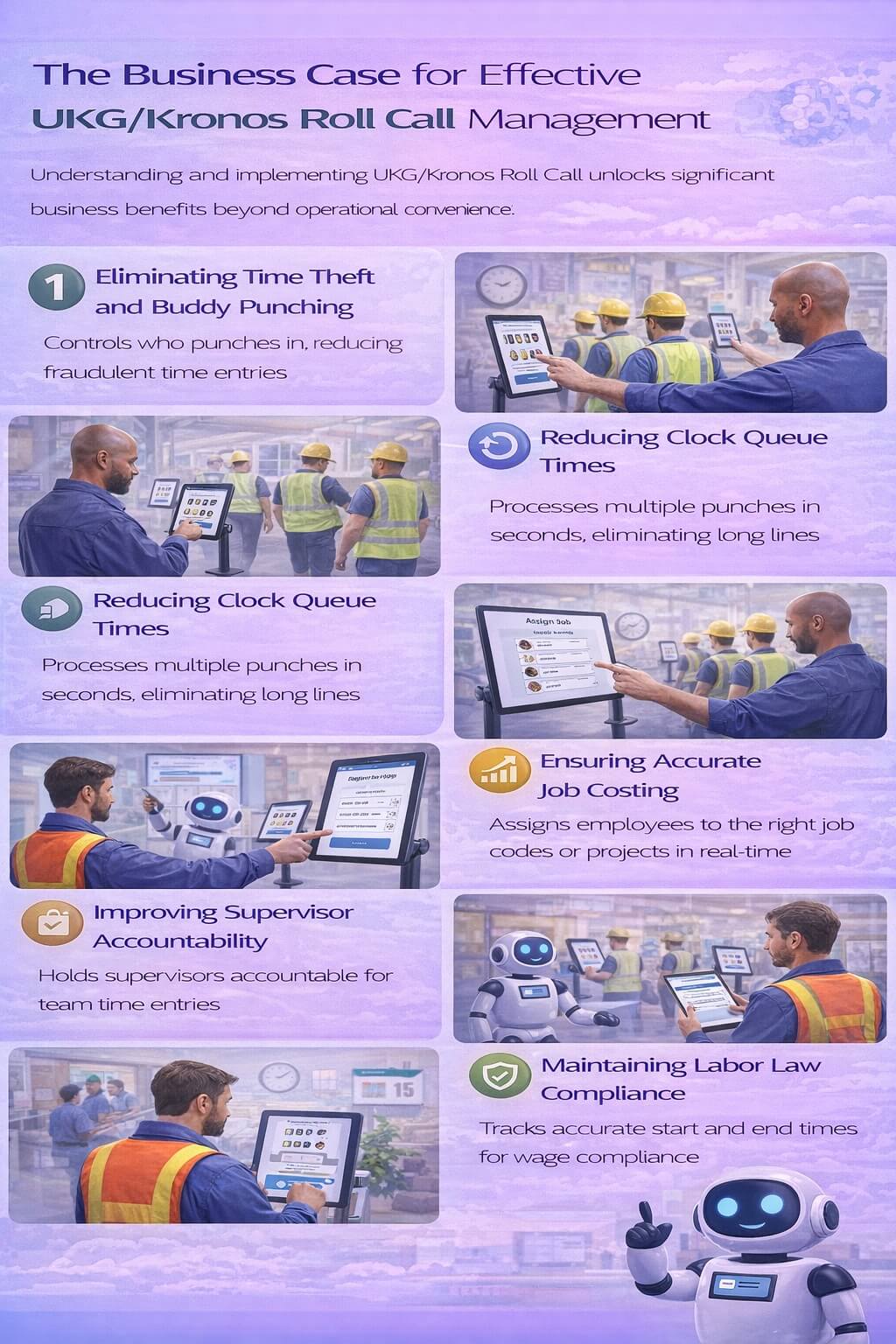 Infographic showing the business benefits of effective UKG Kronos Roll Call management including reduced time theft, faster group punch processing, accurate job costing, supervisor accountability, and labor law compliance