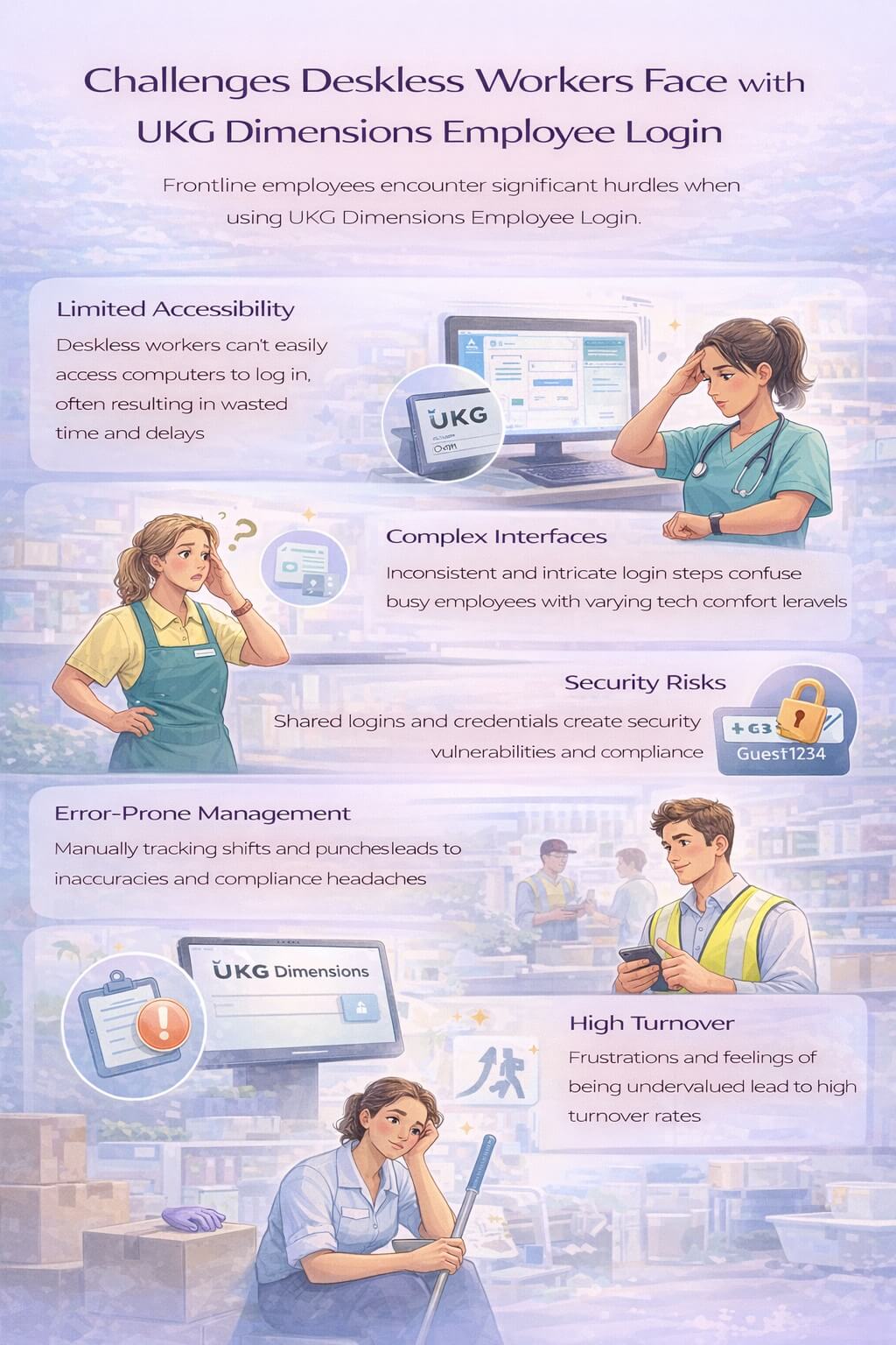 Infographic showing the challenges deskless workers face with UKG Dimensions employee login, including limited computer access, complex interfaces, security risks from shared credentials, error-prone manual processes, and high turnover.
