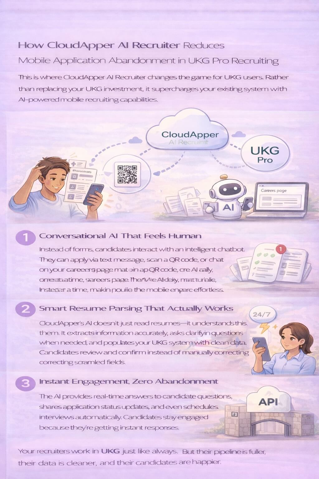 Clean infographic showing how conversational AI reduces mobile application abandonment in UKG Pro Recruiting through chat-based applications, smart resume parsing, instant engagement, and seamless system integration.