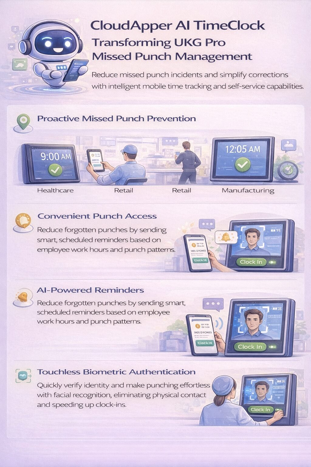 Minimal infographic showing how CloudApper AI TimeClock transforms UKG Pro missed punch management through proactive prevention, flexible punch access, AI reminders, and touchless biometric authentication.
