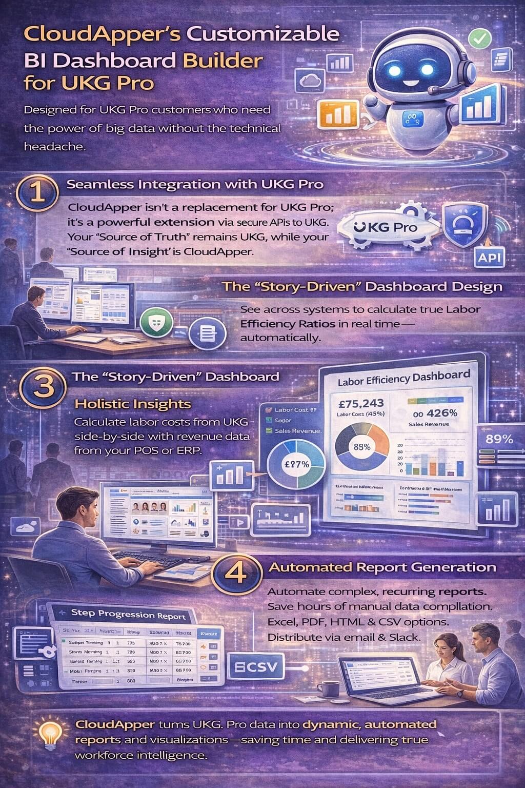 Infographic showing how CloudApper’s customizable BI dashboard builder extends UKG Pro with automated reporting, cross-system insights, and story-driven workforce dashboards.