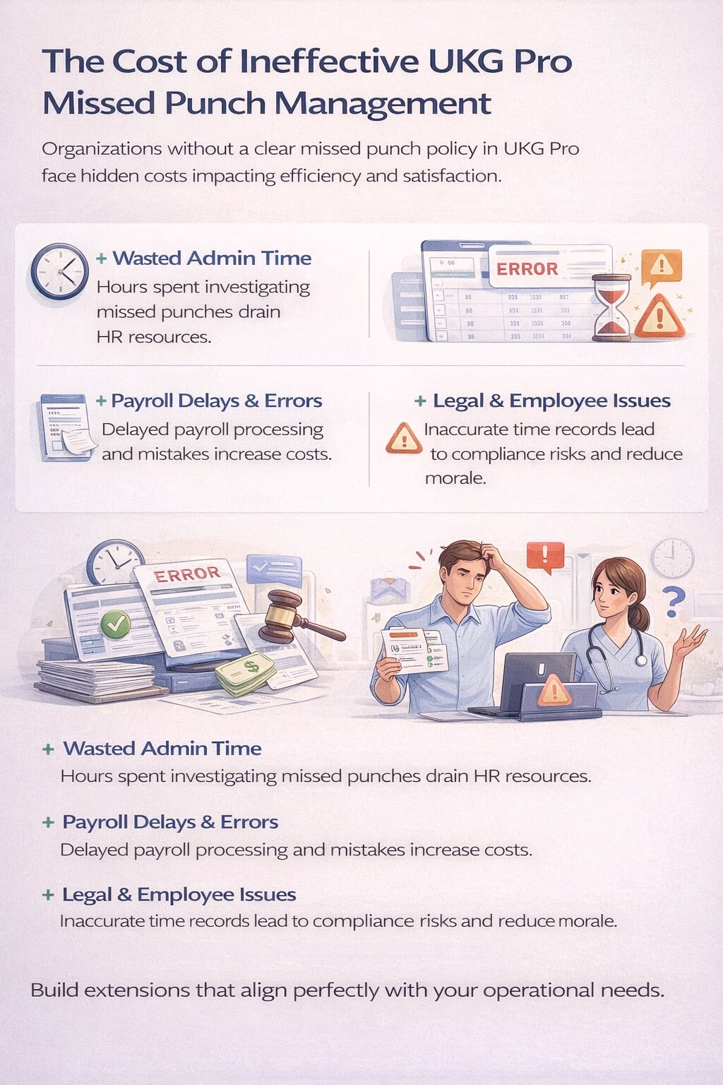 Minimal infographic showing the costs of ineffective UKG Pro missed punch management, including administrative burden, payroll delays, compliance risk, and employee frustration.