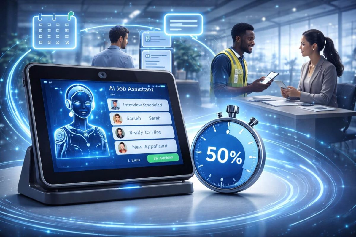 Featured image showing conversational AI engaging hourly job candidates, accelerating screening and interview scheduling to reduce time-to-hire by 50%.