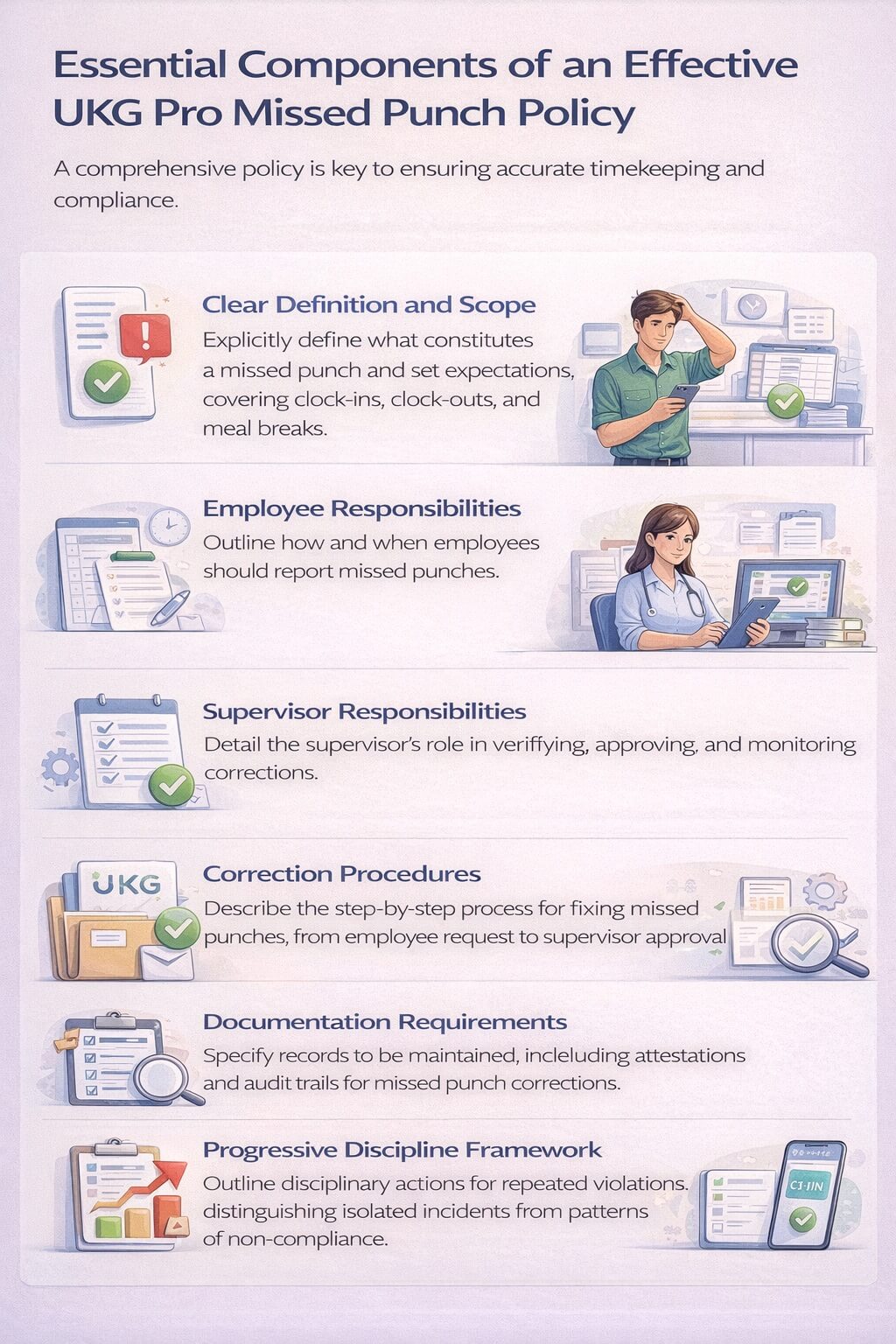 Minimal infographic outlining the essential components of an effective UKG Pro missed punch policy, including definitions, employee and supervisor responsibilities, correction procedures, documentation, and discipline.