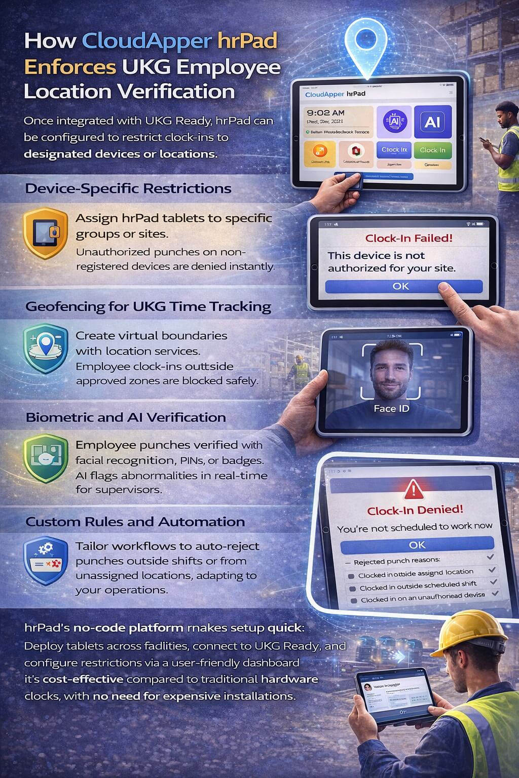 Infographic showing how CloudApper hrPad enforces UKG employee location verification using device restrictions, geofencing, biometric verification, and automated punch rules.