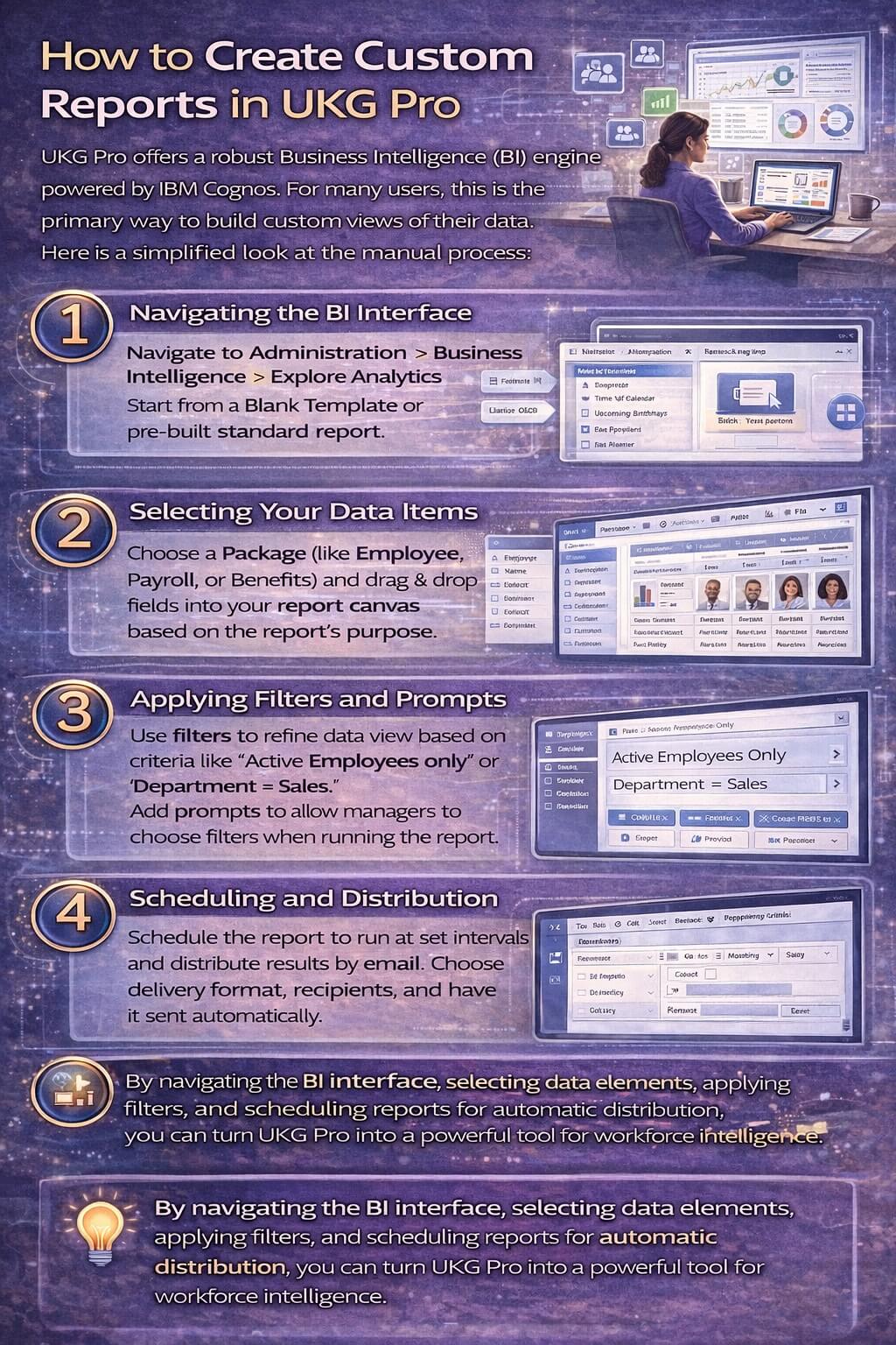 Infographic showing how to create custom reports in UKG Pro using the IBM Cognos BI interface, including data selection, filters, prompts, and scheduled distribution.