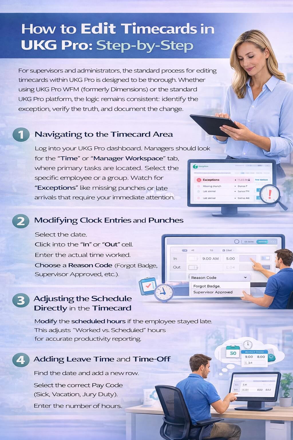 Manager editing employee timecards in UKG Pro using a tablet with step-by-step workflow