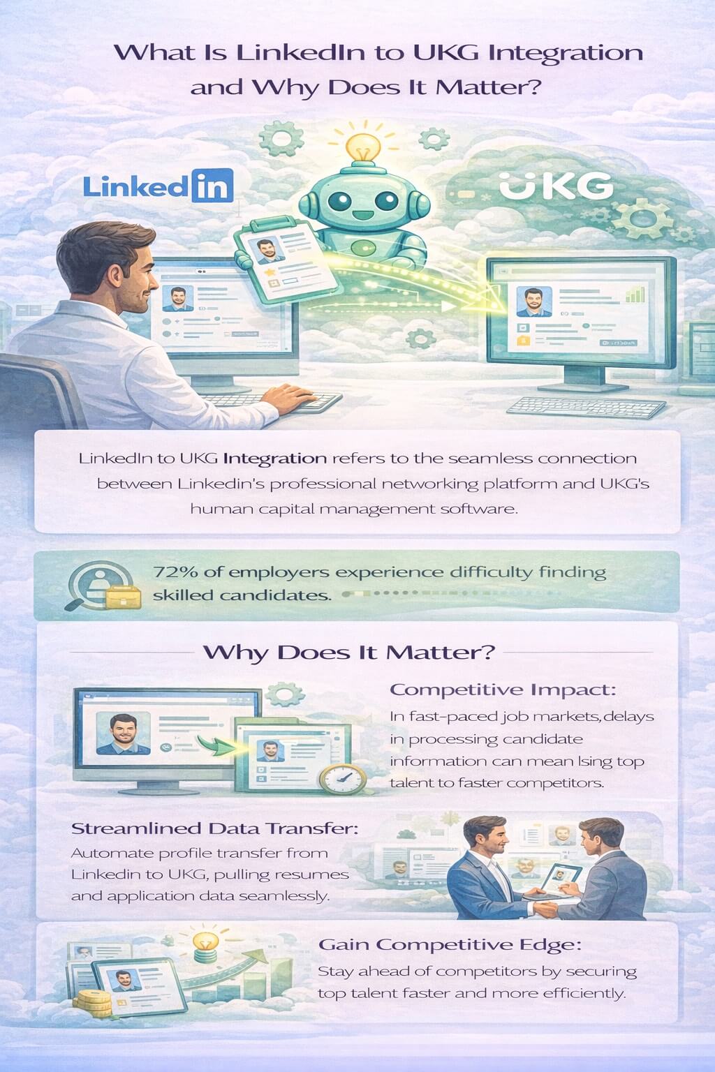 Infographic explaining LinkedIn to UKG integration and how it automates candidate data transfer to streamline high-volume hiring and onboarding