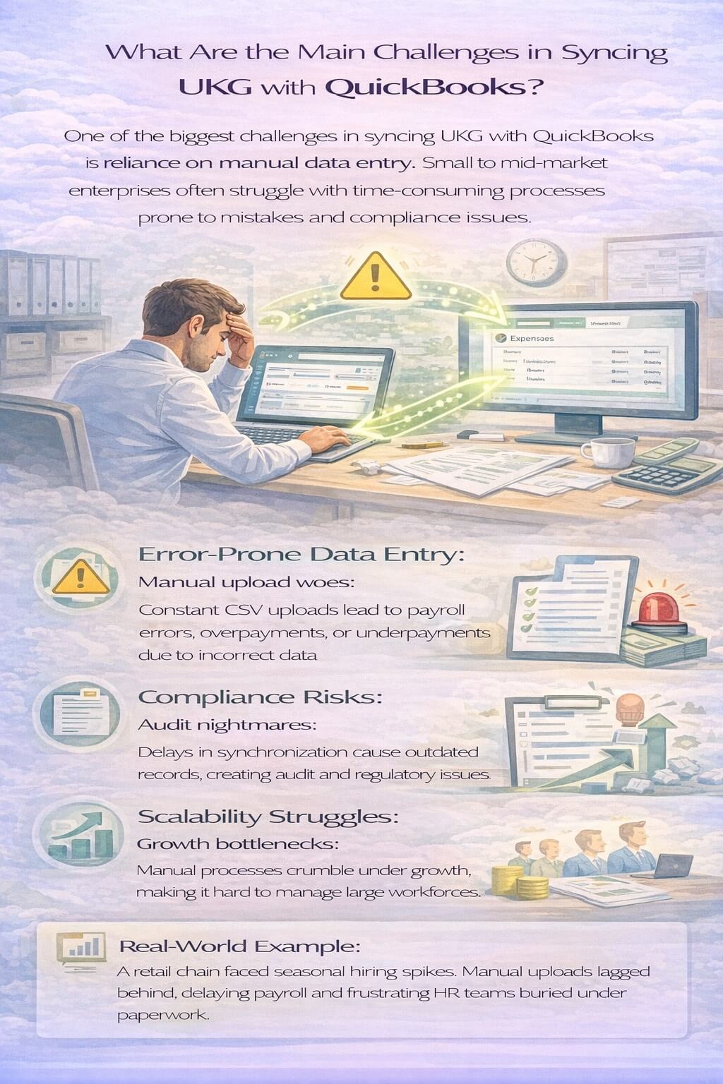 Infographic showing the main challenges in syncing UKG with QuickBooks including manual data entry, payroll errors, compliance risks, and scalability issues