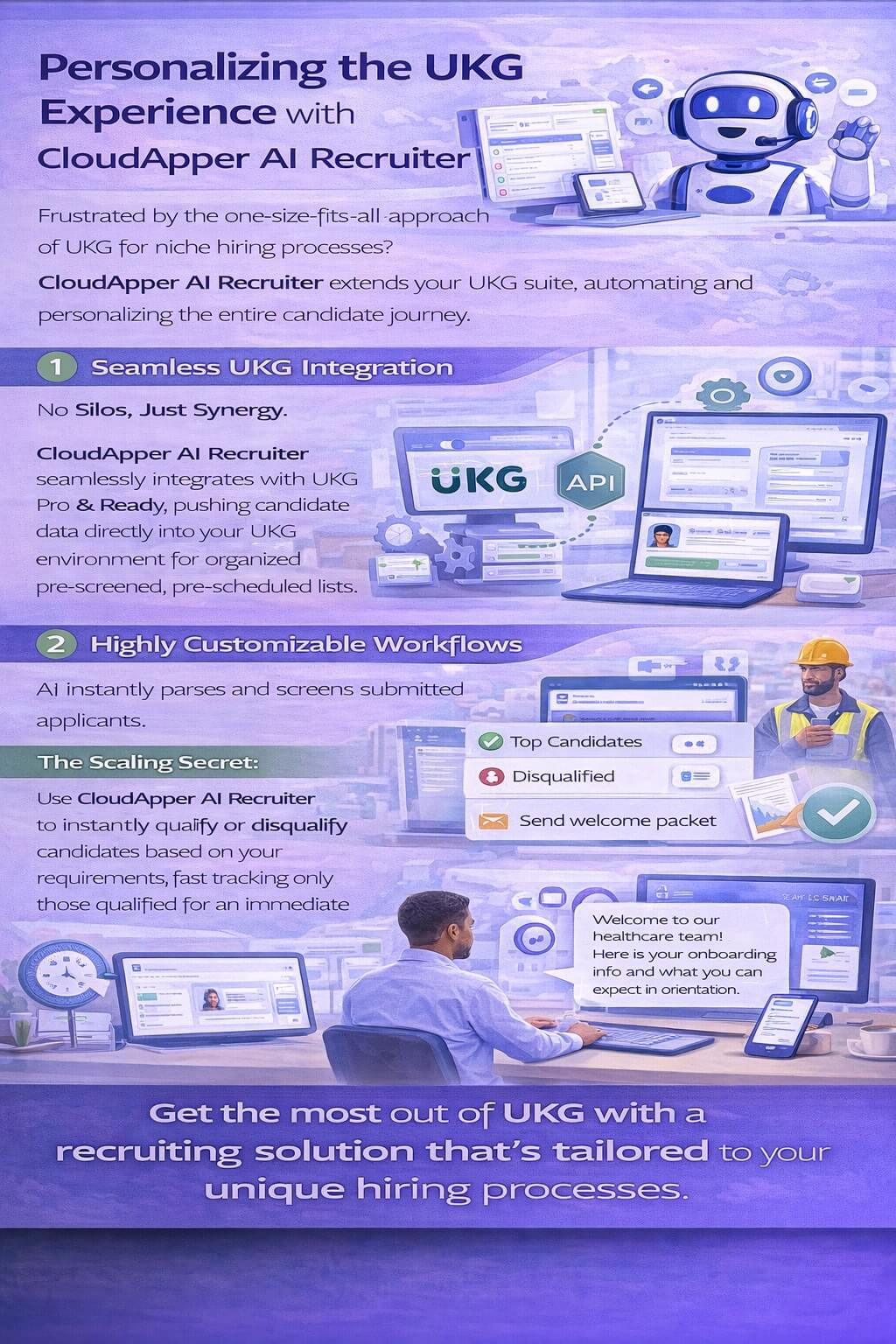 Infographic showing how CloudApper AI Recruiter personalizes the UKG recruiting experience through seamless integration and customizable hiring workflows.