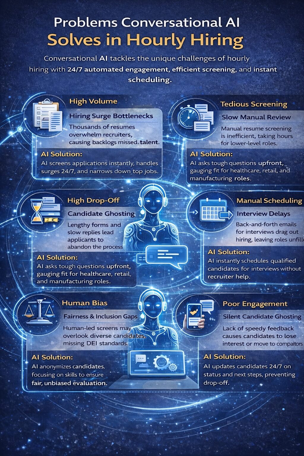 Infographic showing common problems in hourly hiring, including resume overload, candidate drop-off, scheduling delays, bias, and how conversational AI automates screening and engagement.