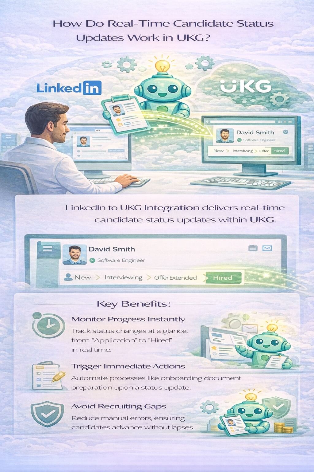 Infographic showing how real-time candidate status updates work in UKG through LinkedIn integration to track hiring progress instantly