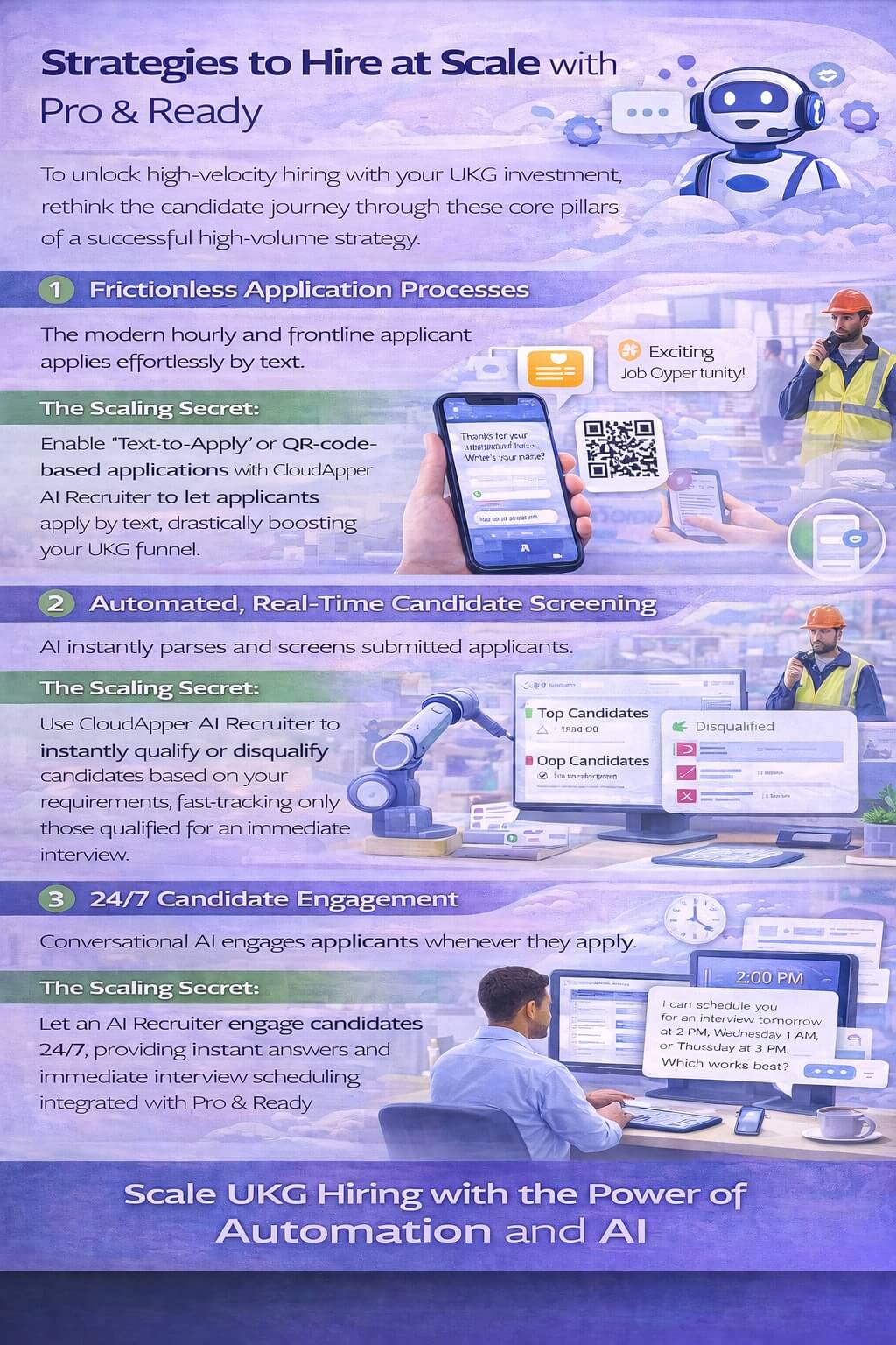 Infographic outlining strategies to hire at scale using Pro and Ready systems, highlighting frictionless applications, automated real-time screening, and 24/7 candidate engagement powered by AI.