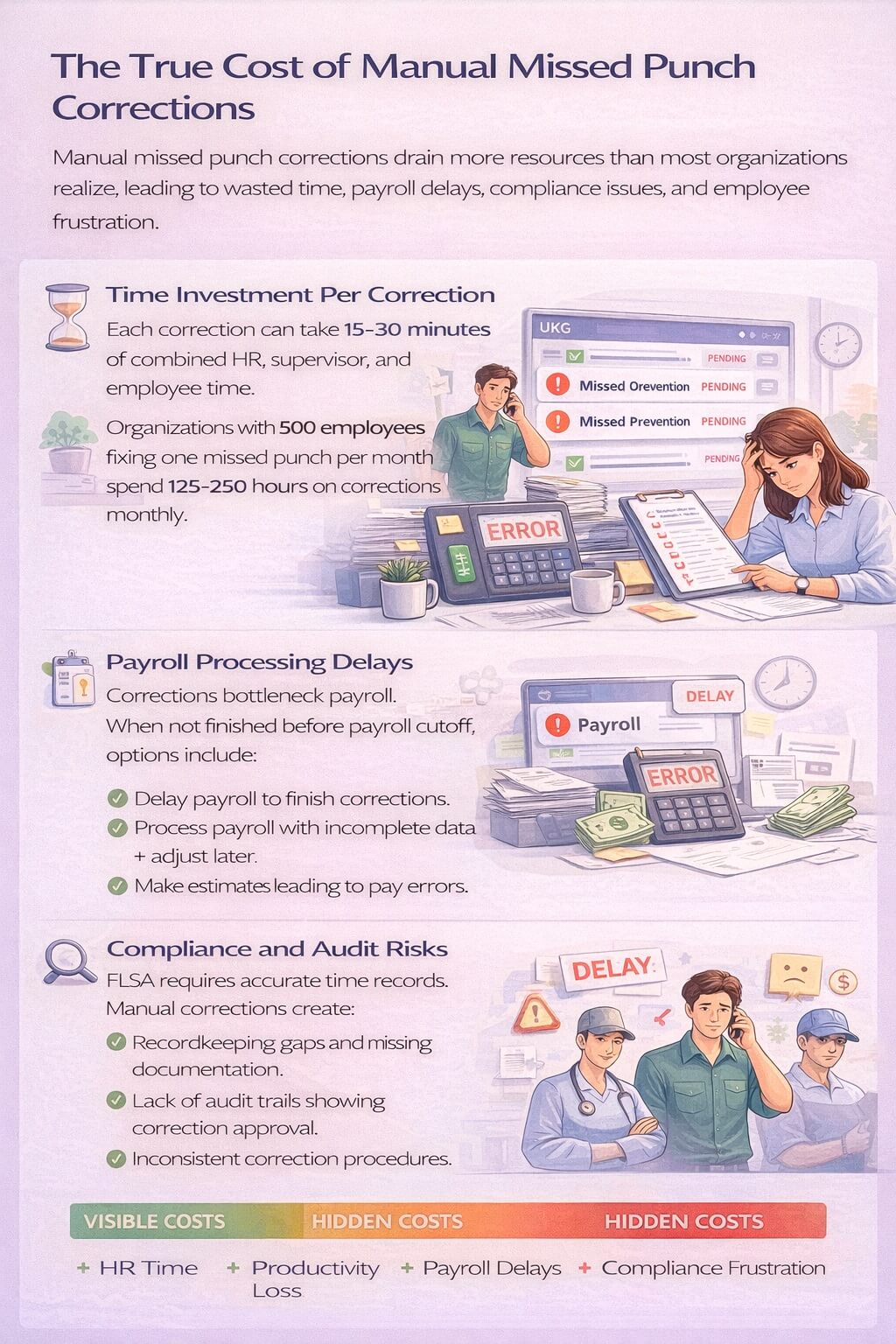 Minimal infographic showing the true cost of manual missed punch corrections in UKG, including administrative time, payroll delays, compliance risk, and negative employee experience.
