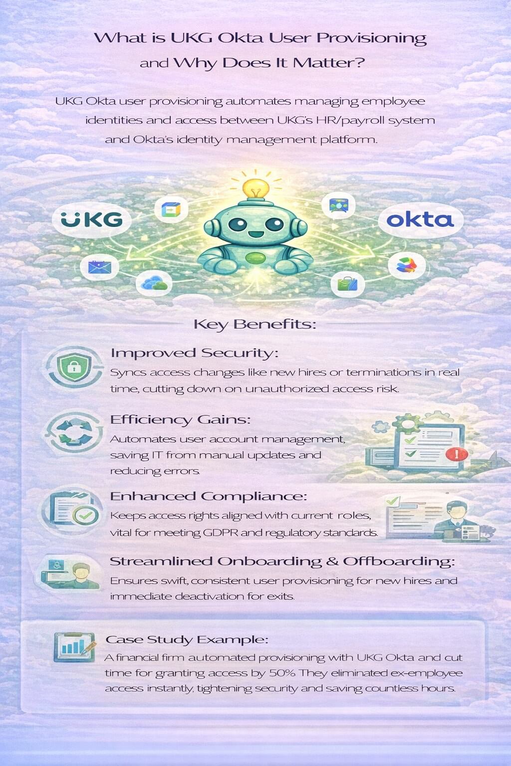 Infographic explaining UKG Okta user provisioning and how automated identity and access management improves security, compliance, and employee lifecycle management