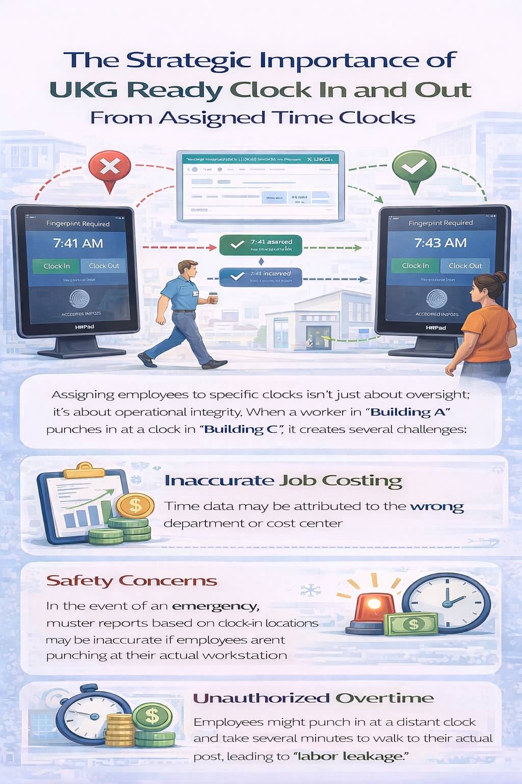 Infographic showing two hrPad iPad time clocks and why assigned clock-in/out matters in UKG Ready: accurate job costing, safer muster reporting, and reduced labor leakage from unauthorized overtime.