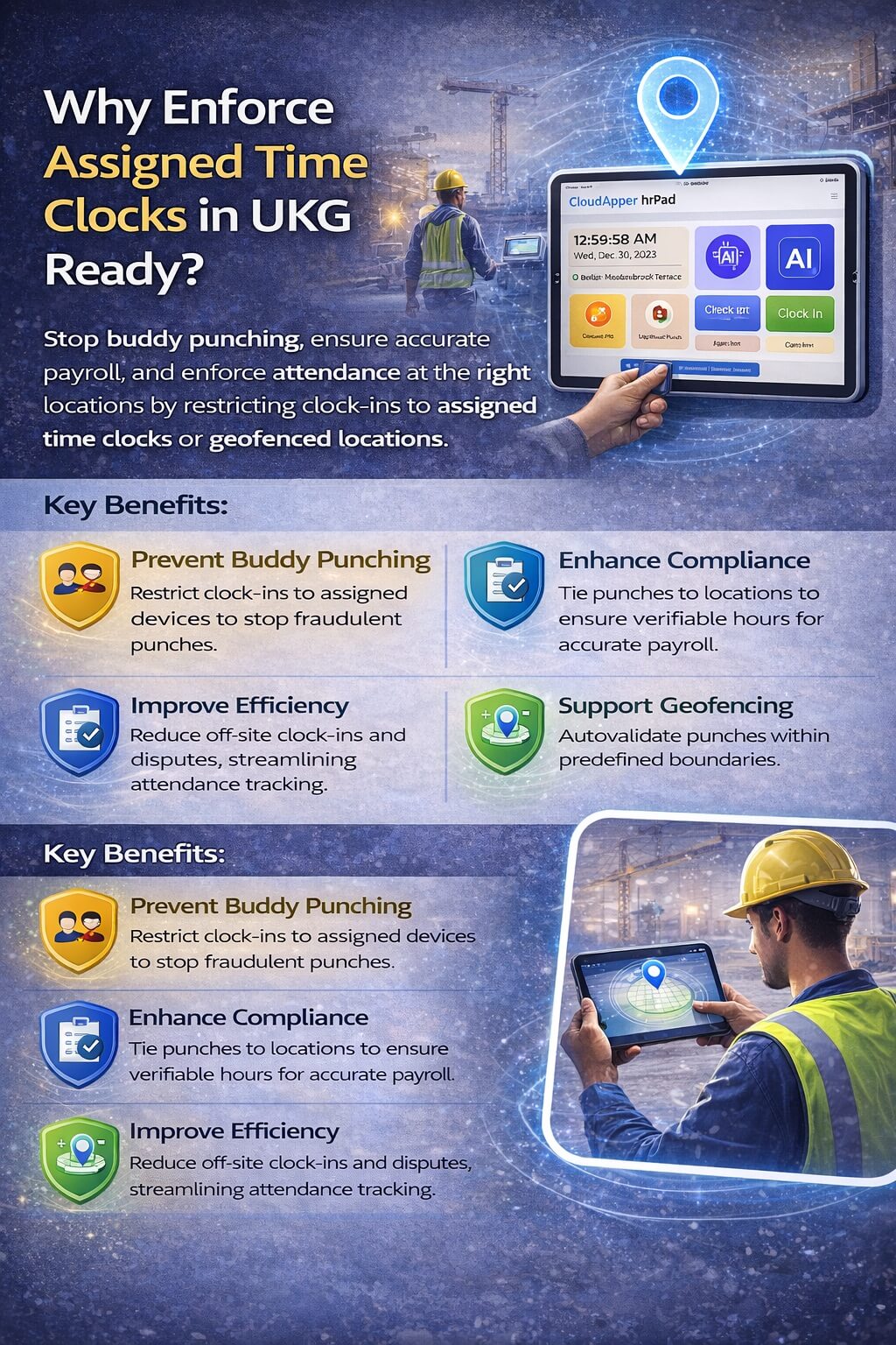 Infographic showing how enforcing assigned time clocks in UKG Ready prevents buddy punching, improves payroll accuracy, and ensures employees clock in from approved locations.