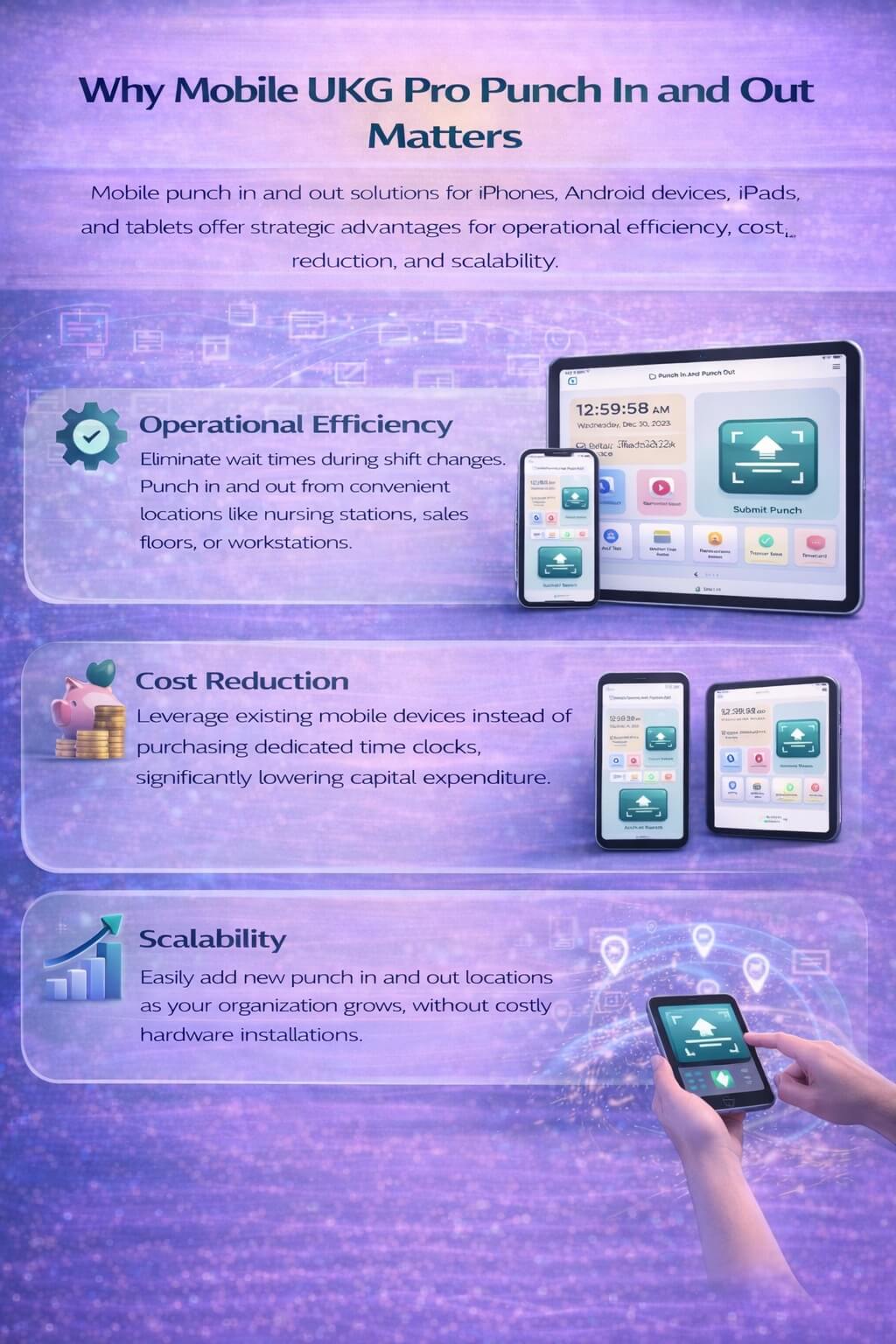 Infographic showing why mobile UKG Pro punch in and out on smartphones and tablets improves operational efficiency, reduces costs, and supports scalable workforce management