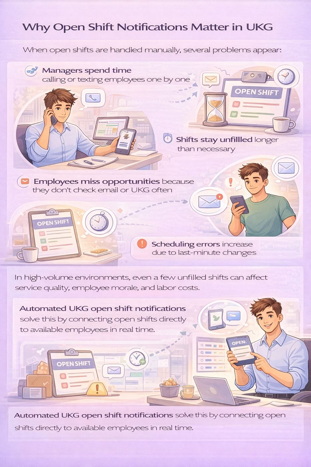 Minimal infographic explaining why open shift notifications matter in UKG, highlighting delays from manual outreach, unfilled shifts, missed employee opportunities, and scheduling errors.