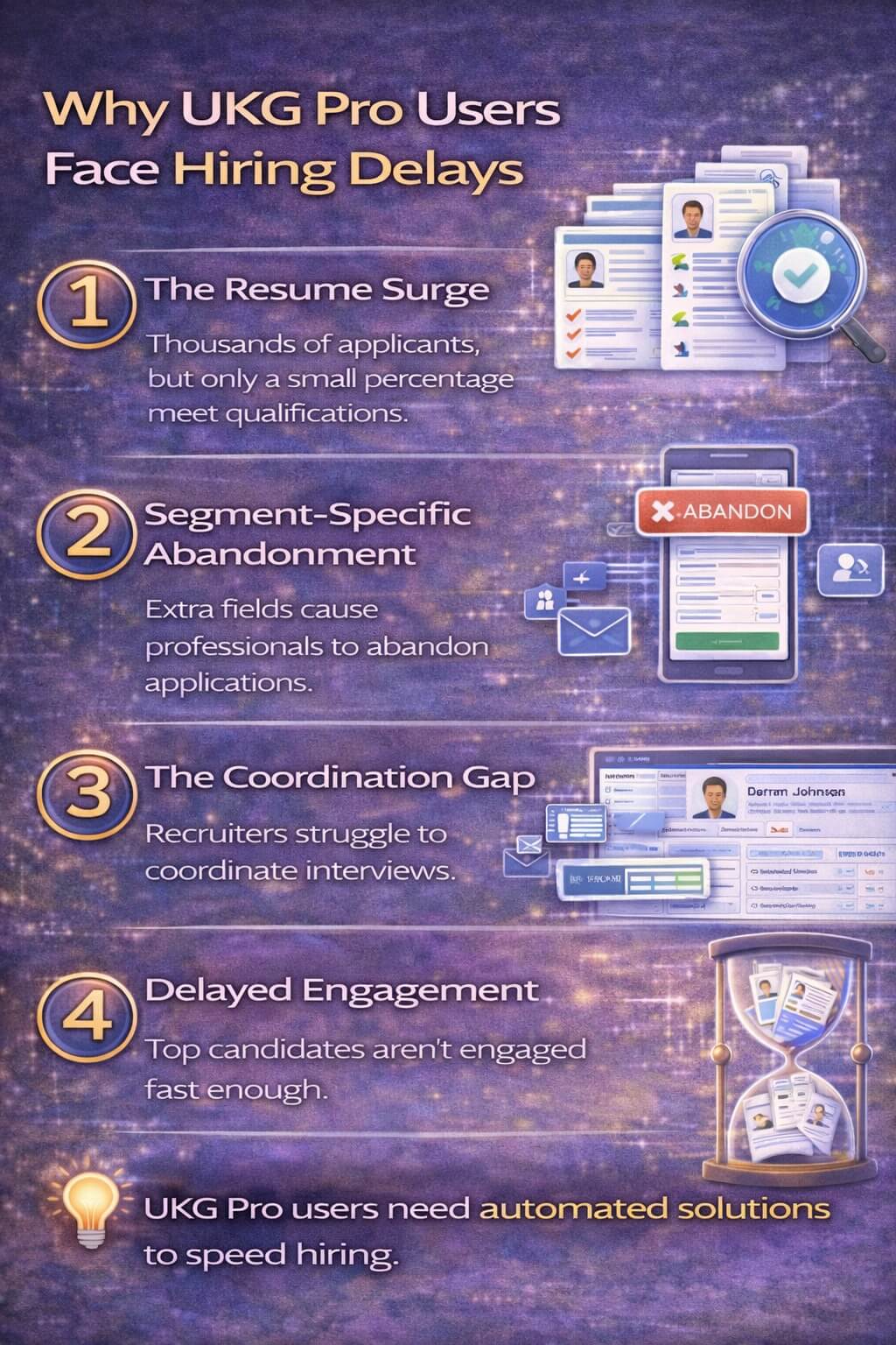 Infographic highlighting why UKG Pro users face hiring delays, including resume volume, application abandonment, interview coordination gaps, and slow candidate engagement.