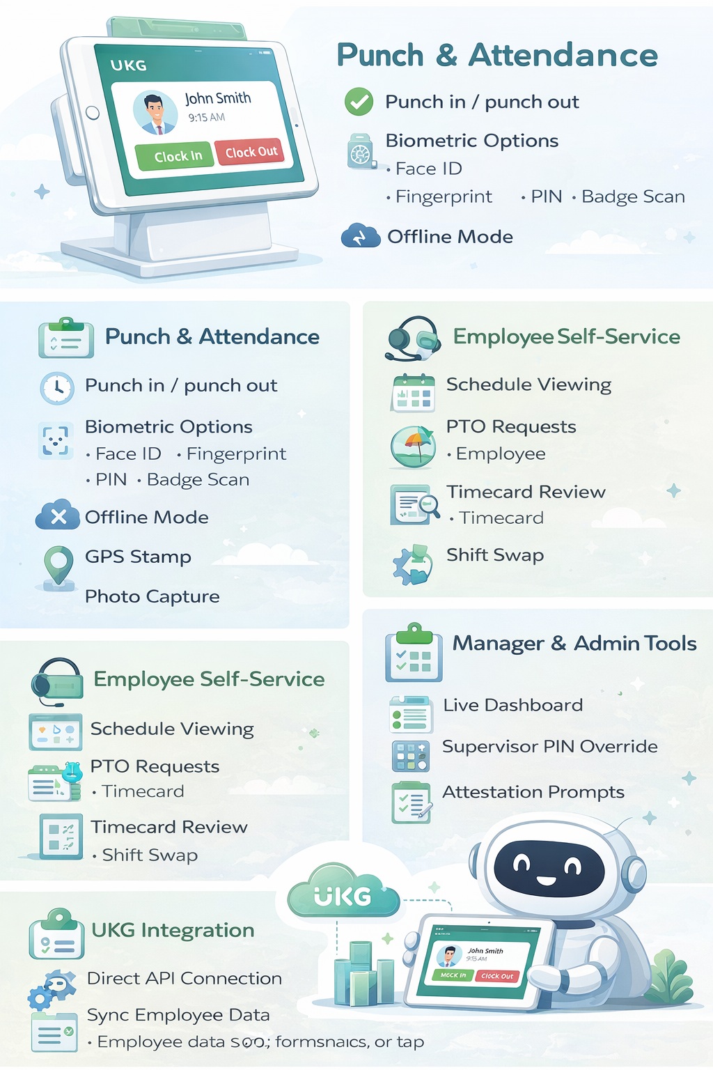Infographic showing features of an iPad-based UKG time clock including punch tracking, facial recognition, offline mode, employee self-service, and real-time workforce management tools