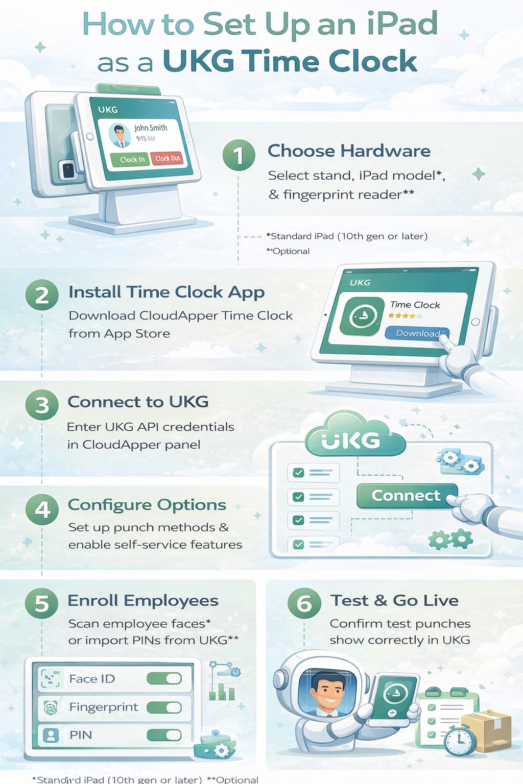 Infographic showing step-by-step setup of an iPad as a UKG time clock including hardware selection, app installation, UKG integration, configuration, employee enrollment, and go-live testing
