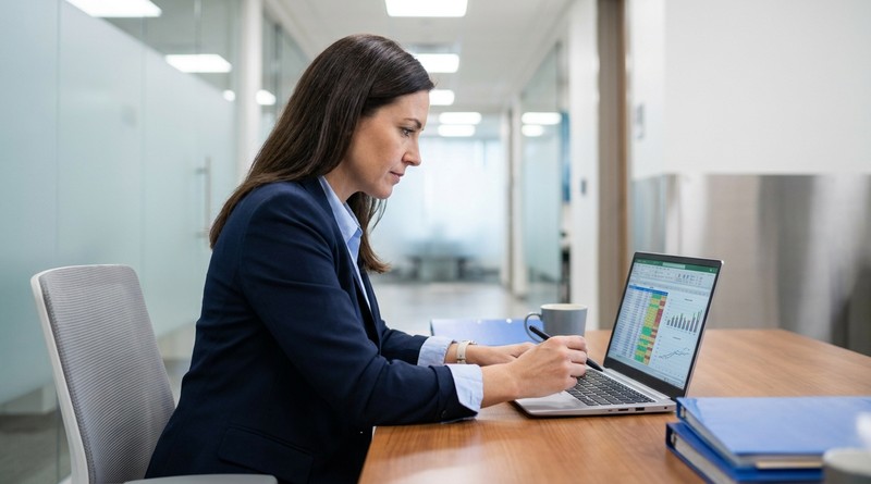 Healthcare administrator reviewing physician scheduling and pay data at a hospital