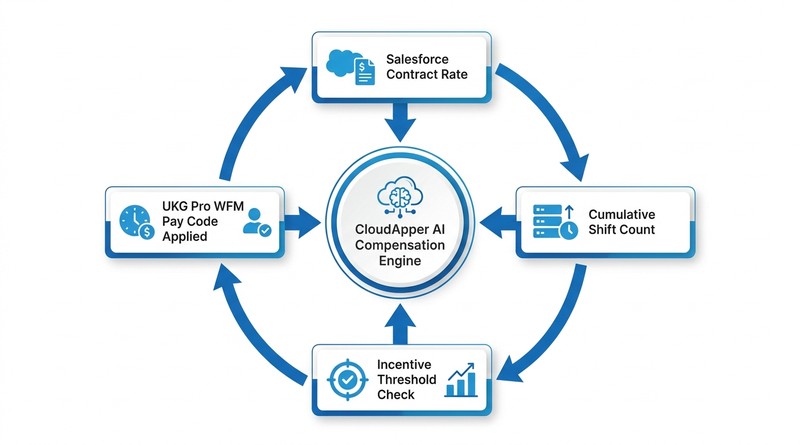 CloudApper AI Compensation Engine connecting Salesforce contract data to UKG Pro WFM timecards