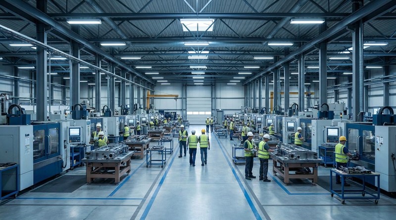 Industrial manufacturing floor with workers at production stations for piecework pay