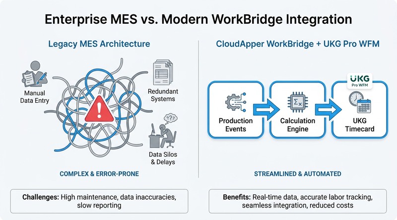 Legacy MES versus CloudApper WorkBridge UKG Pro WFM integration architecture