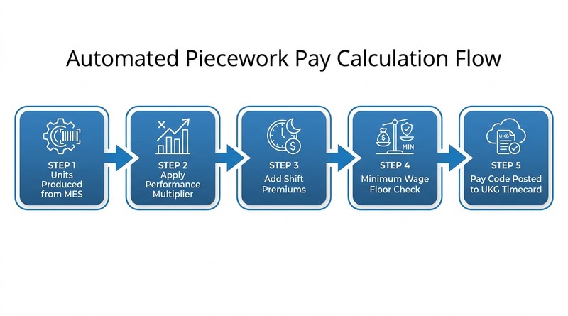 Five-step piecework pay calculation flow from MES to UKG timecard