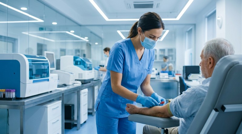 Laboratory technician collecting specimens in a modern diagnostic lab