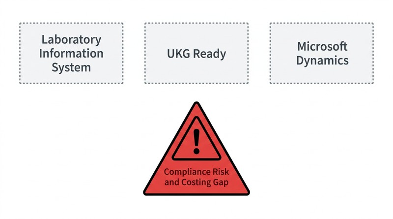 Three disconnected systems LIS UKG Ready Microsoft Dynamics creating compliance risk