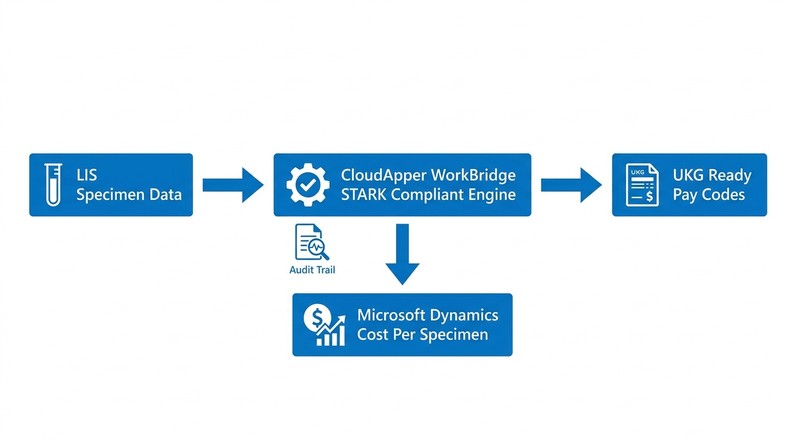 CloudApper WorkBridge STARK-compliant engine connecting LIS specimen data to UKG Ready and Microsoft Dynamics