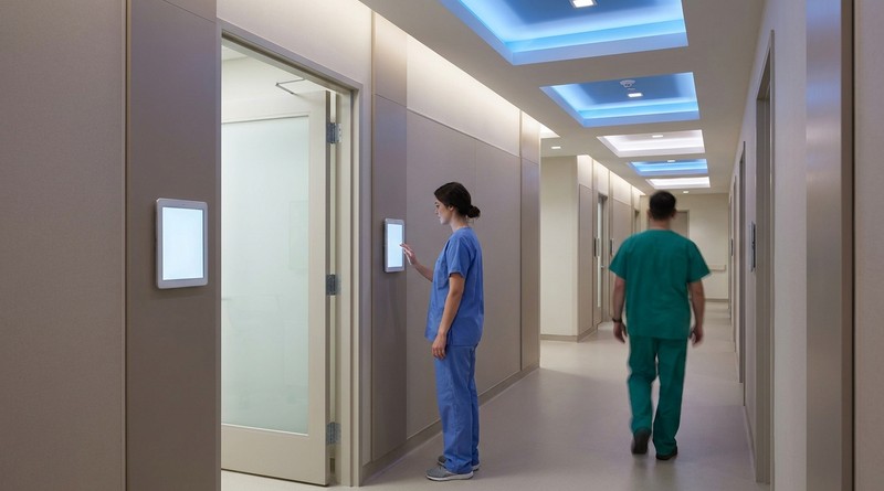Clinical staff using tablet time clock in outpatient clinic corridor