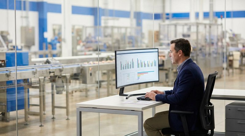 Manufacturing HR manager reviewing attendance discipline dashboard at a large production facility workstation