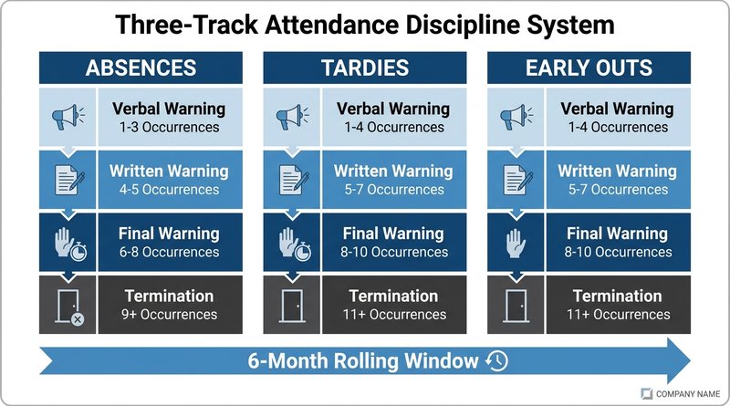 Three-track attendance point system diagram with rolling 6-month windows for manufacturing discipline management