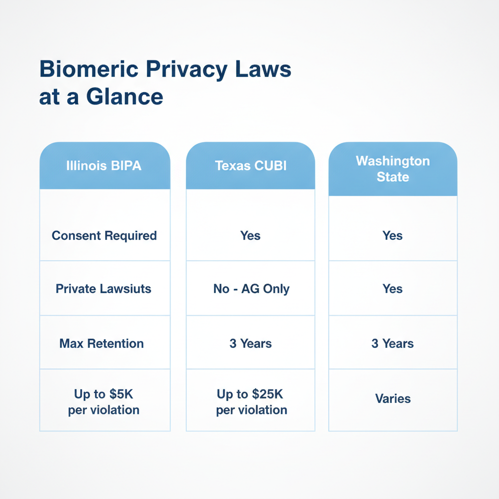 BIPA Texas CUBI Washington biometric law employer compliance comparison