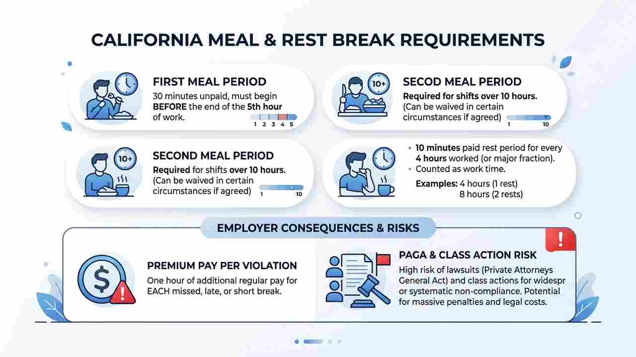 California meal break law requirements infographic missed break premium pay PAGA exposure