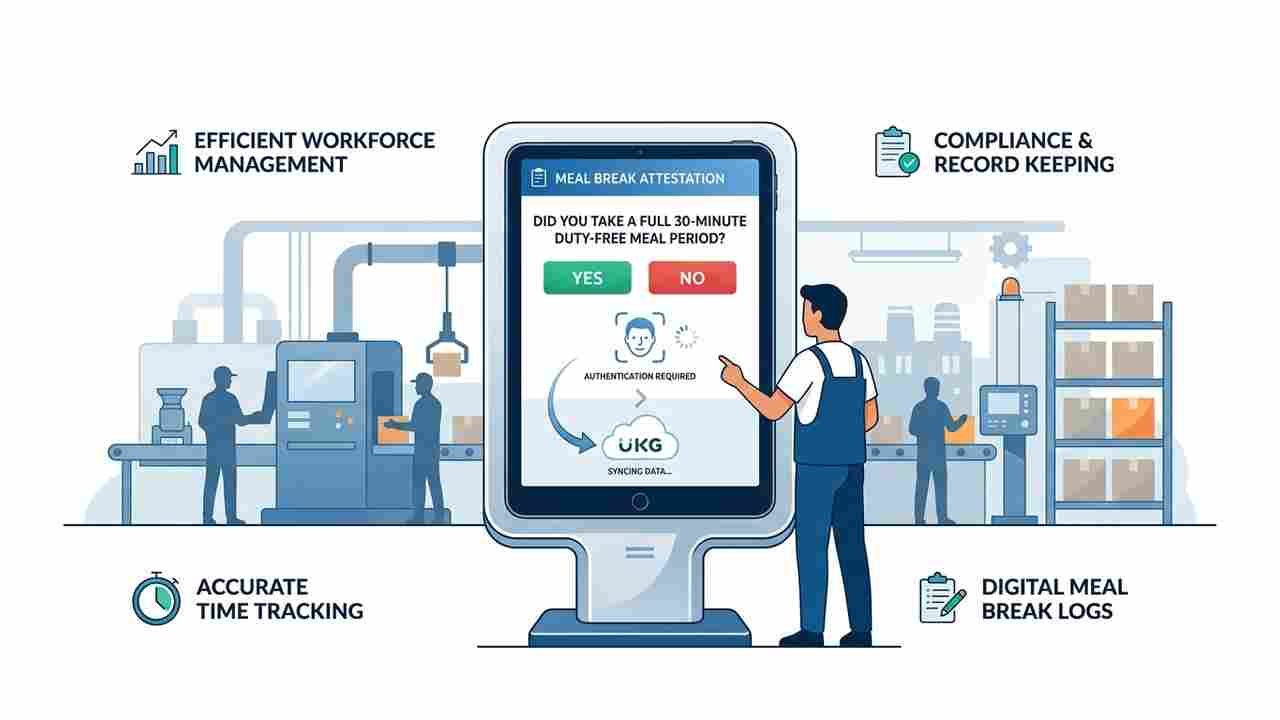 CloudApper AI TimeClock tablet meal period attestation screen California compliance UKG sync