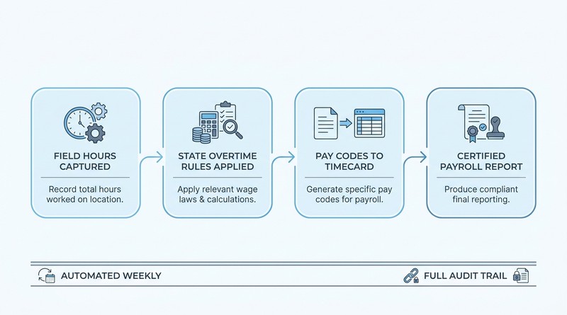 Automated certified payroll workflow from field hours to WH-347