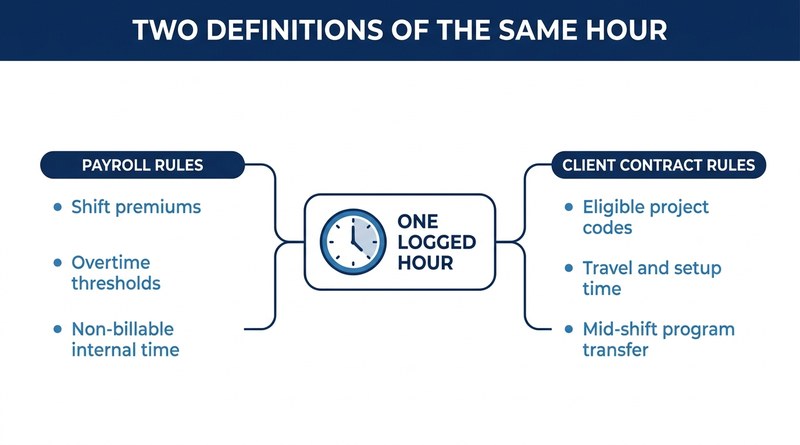Payroll rules and client contract rules for one logged hour