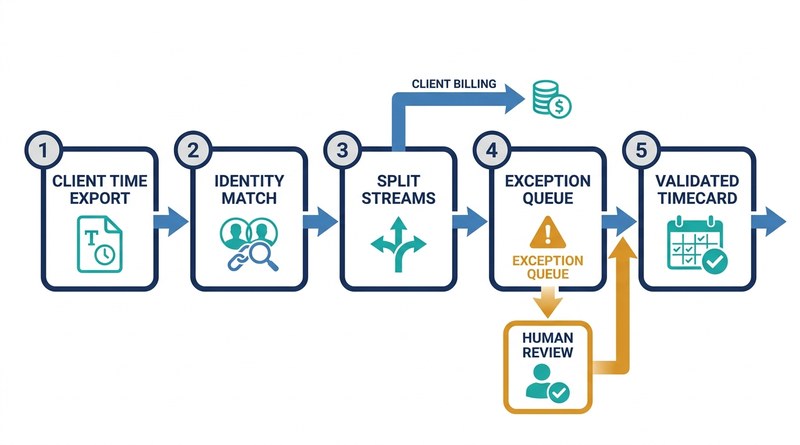 CloudApper iPaaS pipeline splitting payroll and client billing streams