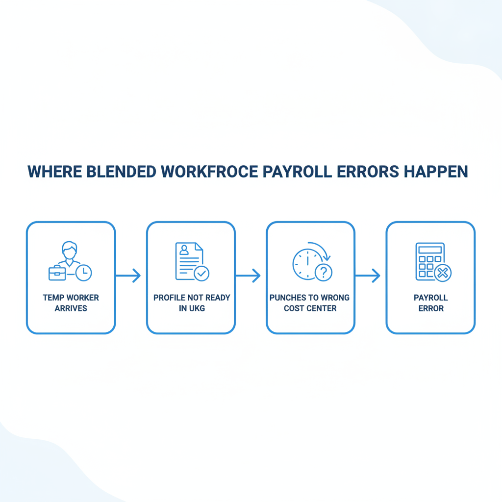 Blended workforce FTE temp worker payroll routing error diagram UKG