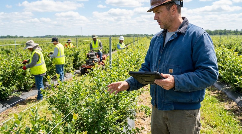 Crew leader with tablet tracking field punch for agricultural workers in berry nursery